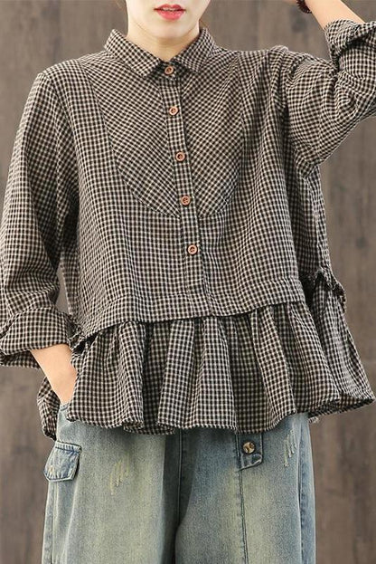 Limited Stock- Loose Plaid Ruffle Splicing Cotton Linen Shirt