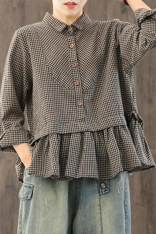 Limited Stock- Loose Plaid Ruffle Splicing Cotton Linen Shirt