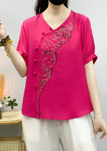 Pea Green Embroidered Button Linen Shirts Summer