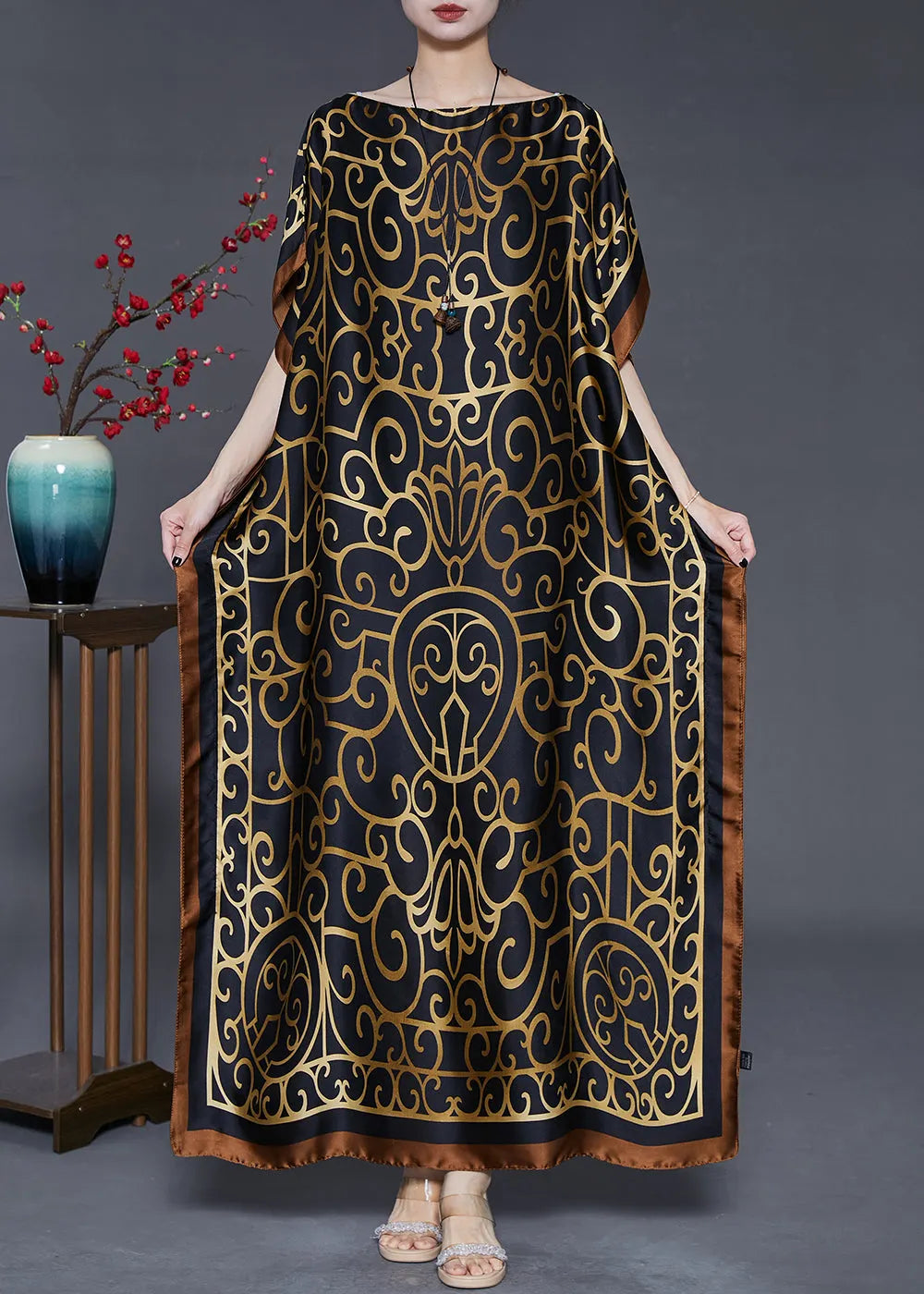 French Black Oversized Print Silk Beach Dress Summer