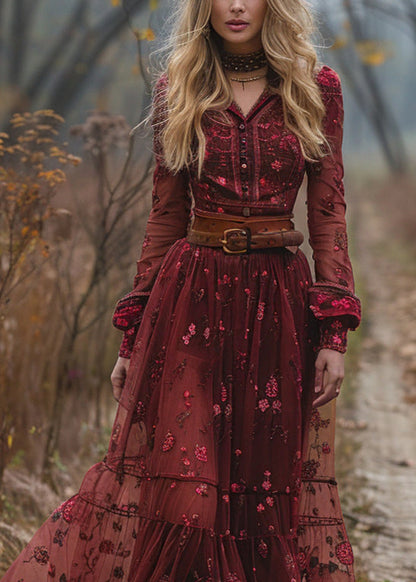 Loose Red Print Patchwork Exra Large Hem Tulle Dresses Fall