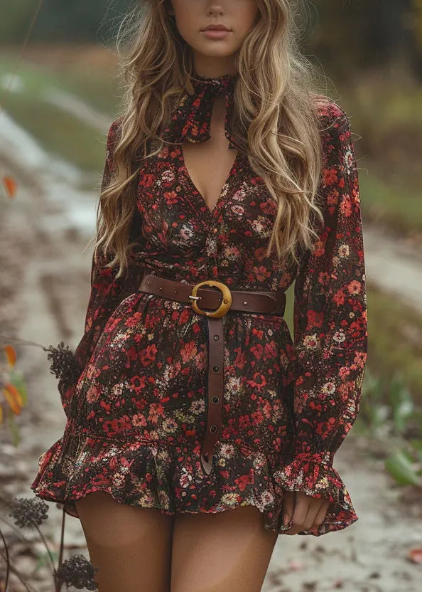 Style V Neck Ruffled Print Cotton Mini Dress Long Sleeve