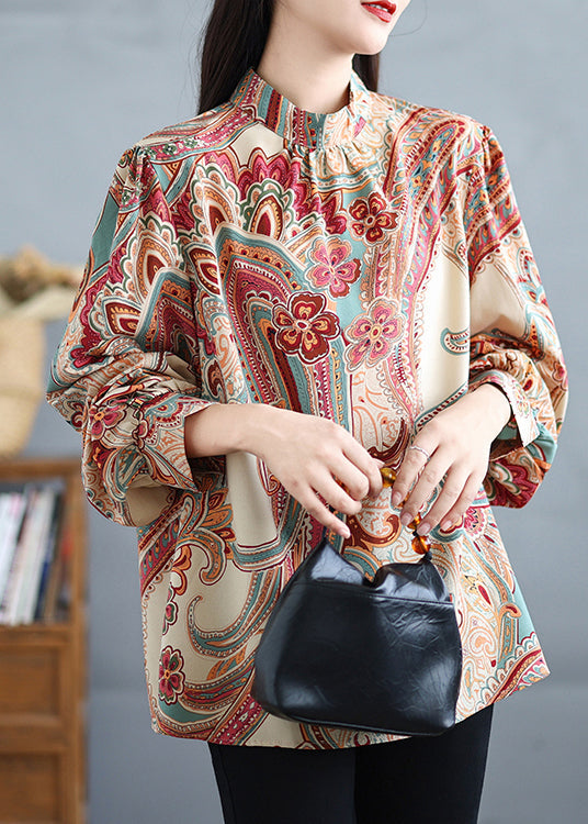 Stand Collar Print Cotton Shirt Tops Fall