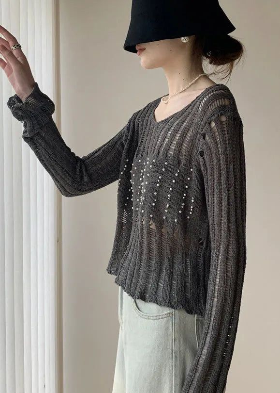 Italian Grey Hollow Out Nail Bead Knit Tops Fall