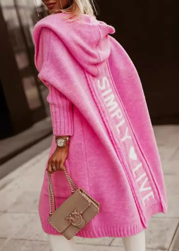 Rose Graphic Pockets Knit Hoodie Cardigans Fall