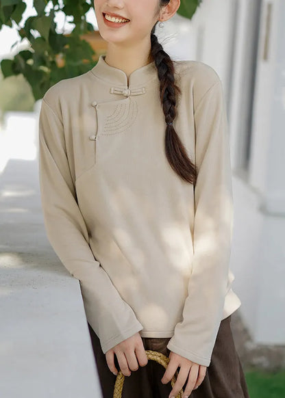 Red Stand Collar Embroidered Cotton Blouse Top Spring