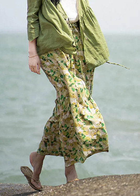 Green Print Tie Waist Linen Wide Leg Pants Summer