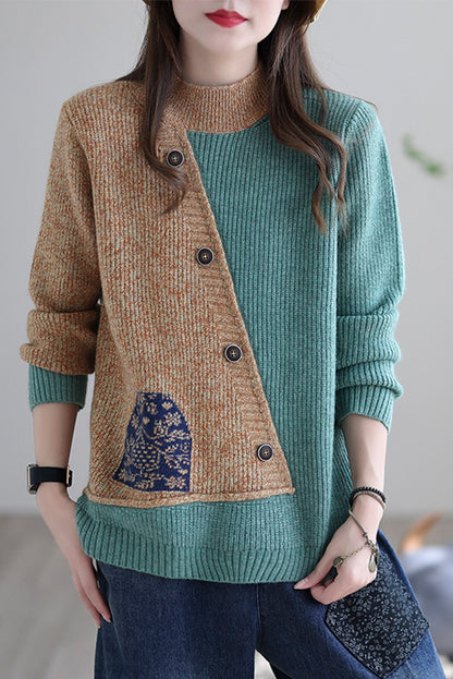 -retro Loose Sweater Turtleneck Stitching Sweater