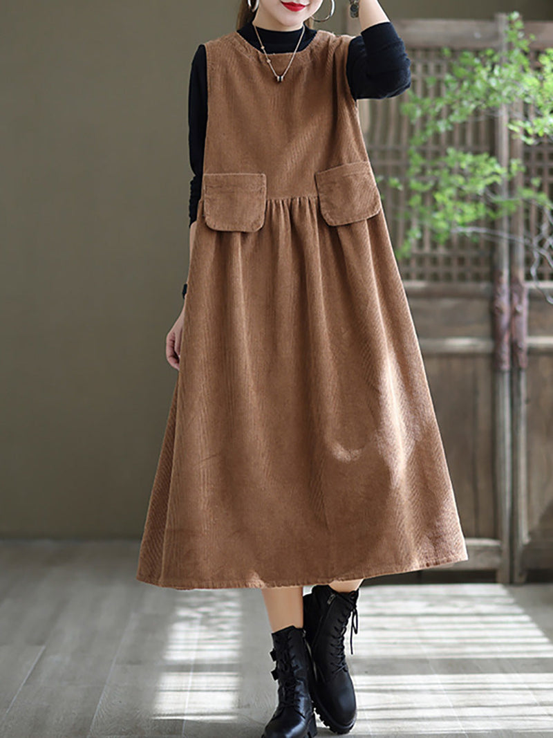 - Corduroy Pocket Sleeveless Pinafore Dress