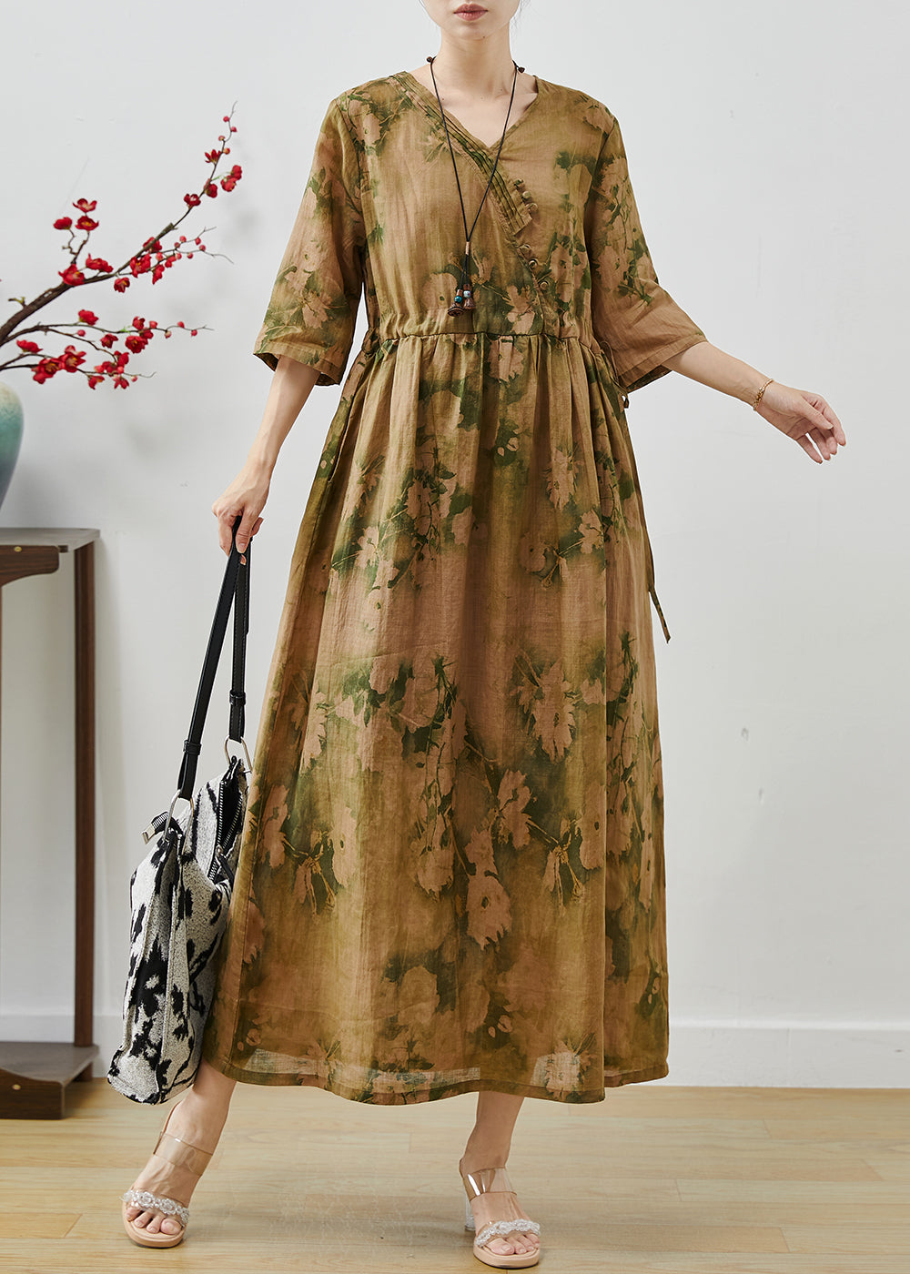 Cinched Print Cotton Long Dress Summer