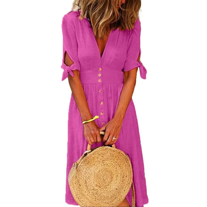 Color Deep V Neck Tied Half Sleeve Button Party Long Dress Summer Party Female Clothes Vestidos
