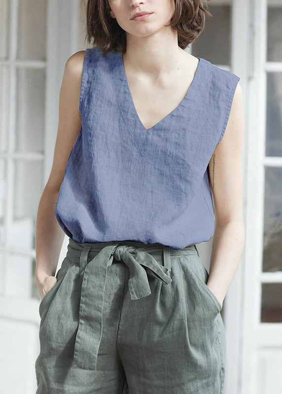 White V Neck Simple Linen Tank Top Sleeveless
