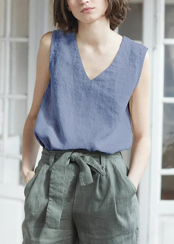 White V Neck Simple Linen Tank Top Sleeveless