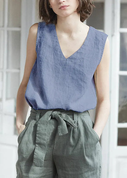 White V Neck Simple Linen Tank Top Sleeveless