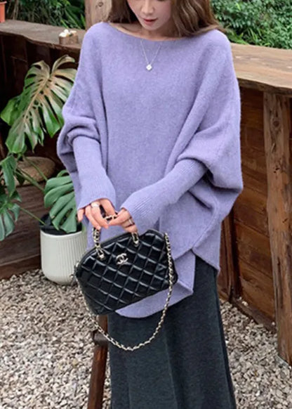 Purple O-neck Knit Sweater Batwing Sleeve
