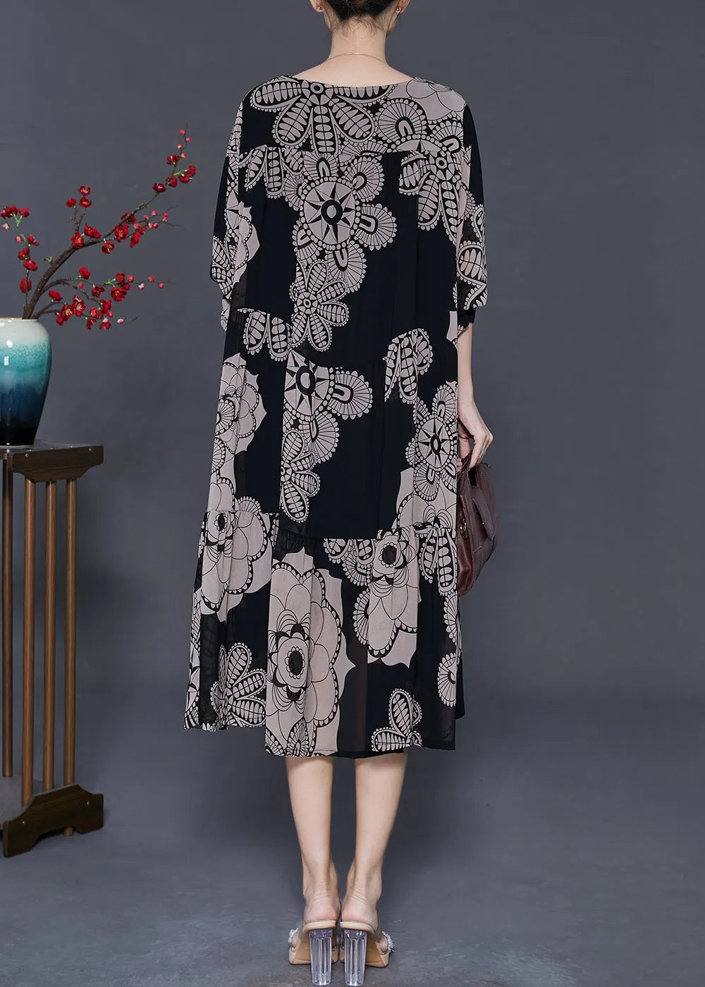 Khaki Oversized Print Chiffon Dresses Fall