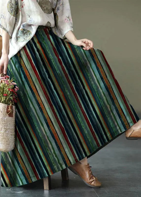 Green Print Ramie Elastic Waist Skirt