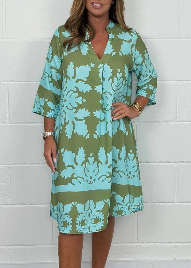 Green V Neck Print Cotton Mid Dress Bracelet Sleeve