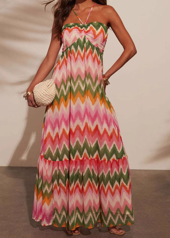 Colorblock Backless Spaghetti Strap Dress Summer