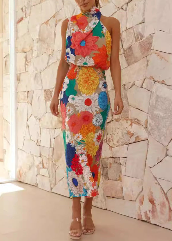 Orange Print Halter Slim Fit Cotton Dresses Sleeveless