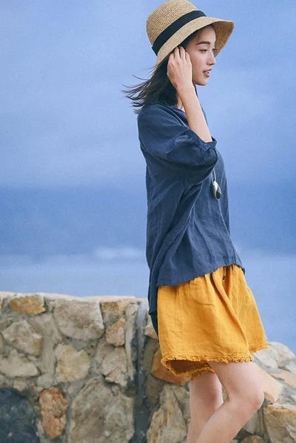 Loose Green and Yellow Linen Shorts Summer Trousers
