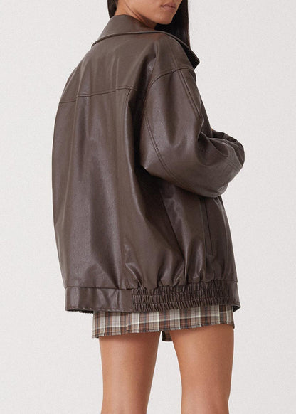 Coffee Peter Pan Collar Zippered Faux Leather Jackets Fall