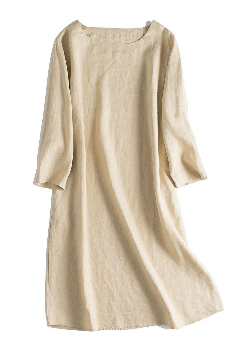 Simple Linen Pure Color 3/4 Sleeve Dress Outfits