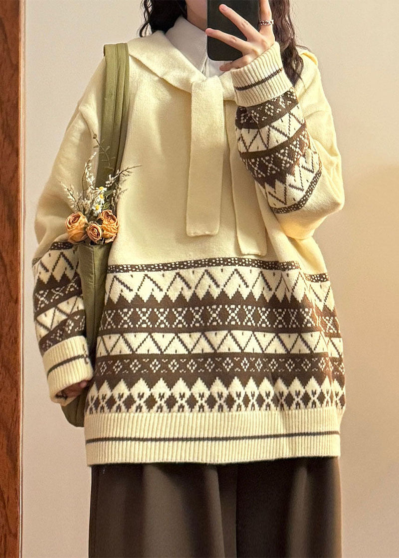 Jacquard Coffee Sailor Collar Lace Up Knit Sweater Spring