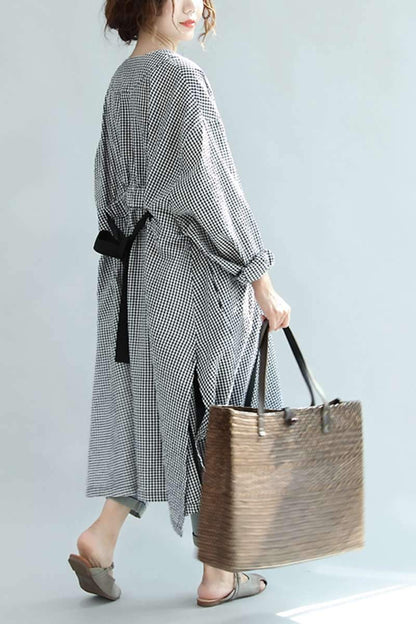 Spring Linen Plaid Loose Long Shirt Dress