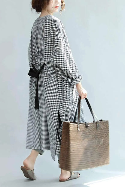 Spring Linen Plaid Loose Long Shirt Dress
