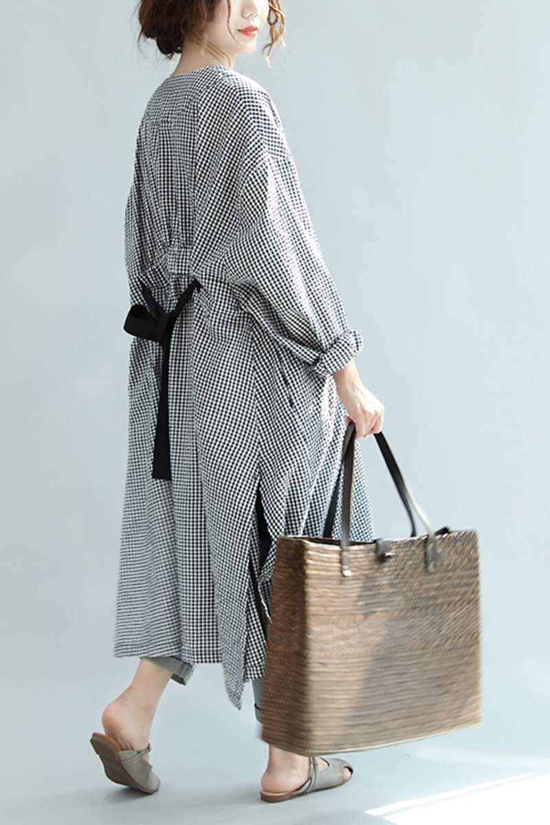 Spring Linen Plaid Loose Long Shirt Dress