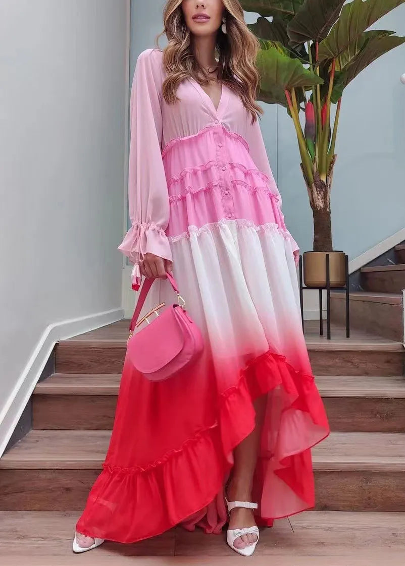 Red Gradient Color Ruffled Lace Up Chiffon Dress Long Sleeve