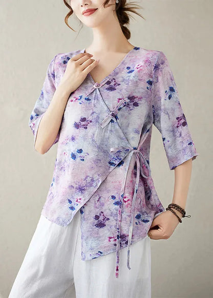 Stylish Purple V Neck Print Lace Up Cotton Shirt Half Sleeve