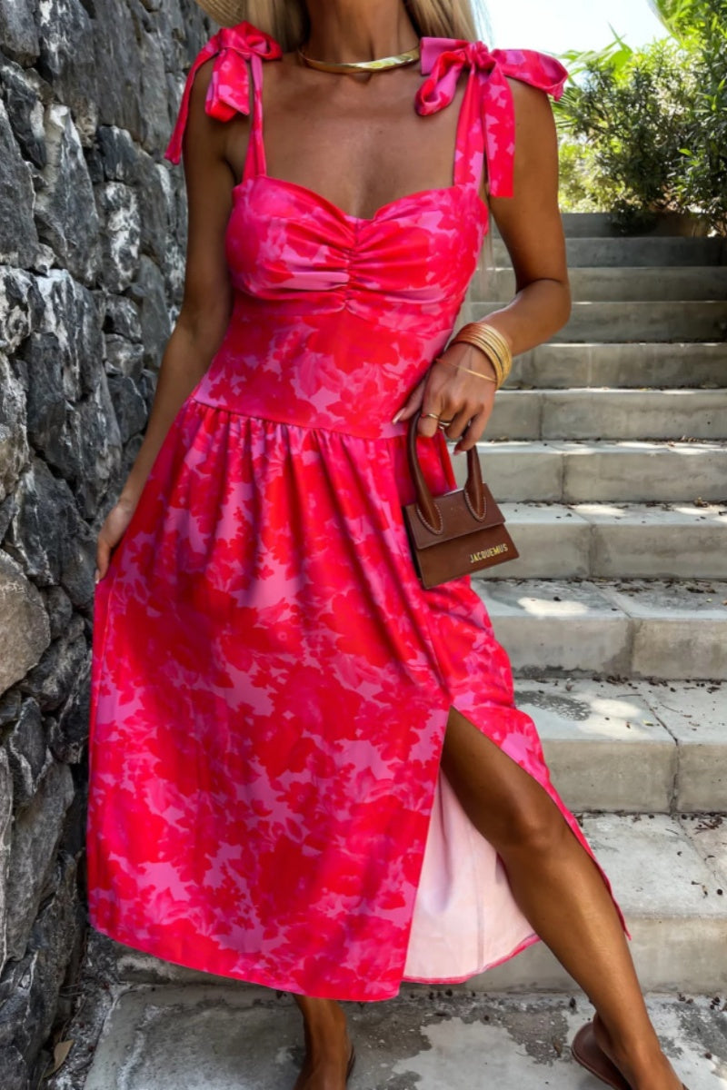 Color Print Backless Slit Belted Spaghetti Strap Sleeveless Dresses(7 Colors)