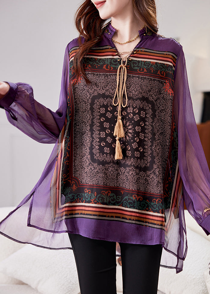 Loose Purple Low High Design Low High Design Chiffon Shirt Spring