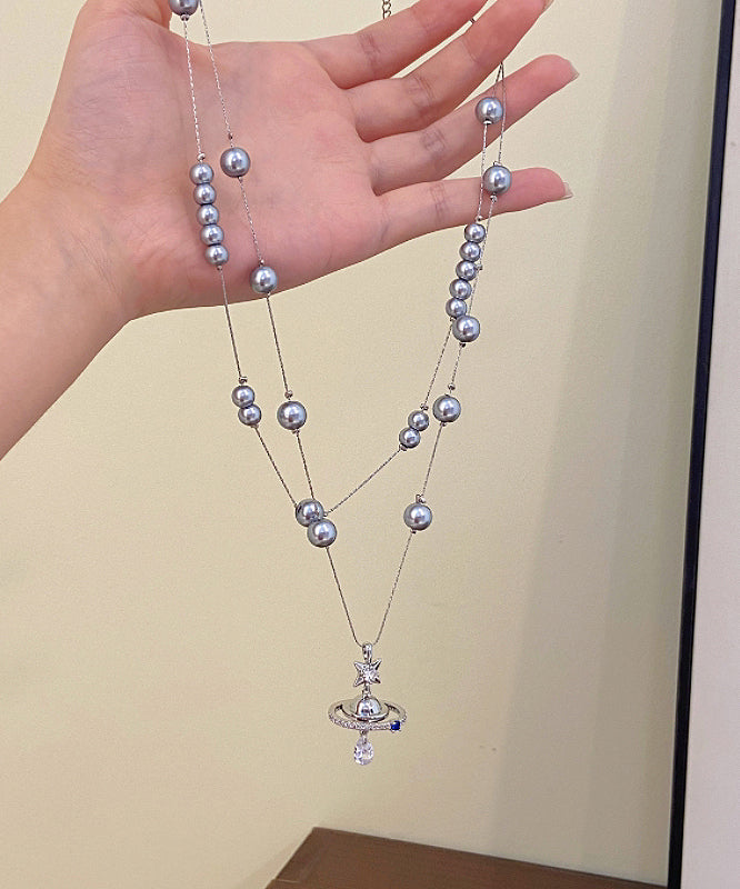 Grey Copper Alloy Double-layer Pearl Spaceship Pendant Necklace