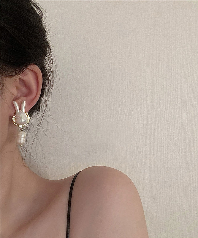 Gold Sterling Silver Alloy Pearl Rabbit Drop Earrings