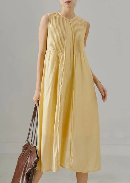Yellow Wrinkled Backless Cotton Maxi Dresses Sleeveless