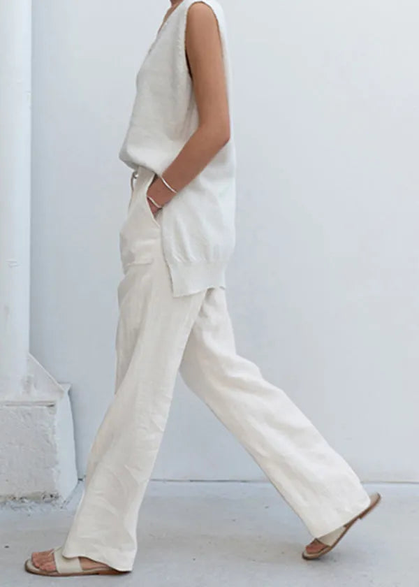Beige Pockets Lace Up Linen Straight Pants Spring