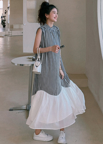 French Striped Stand Collar Patchwork Chiffon Dresses Sleeveless