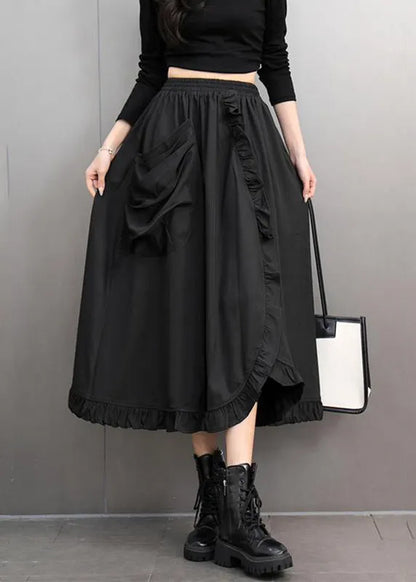 Stylish Black Ruffled Patchwork Pockets Elastic Waist a Line Skirts Spring