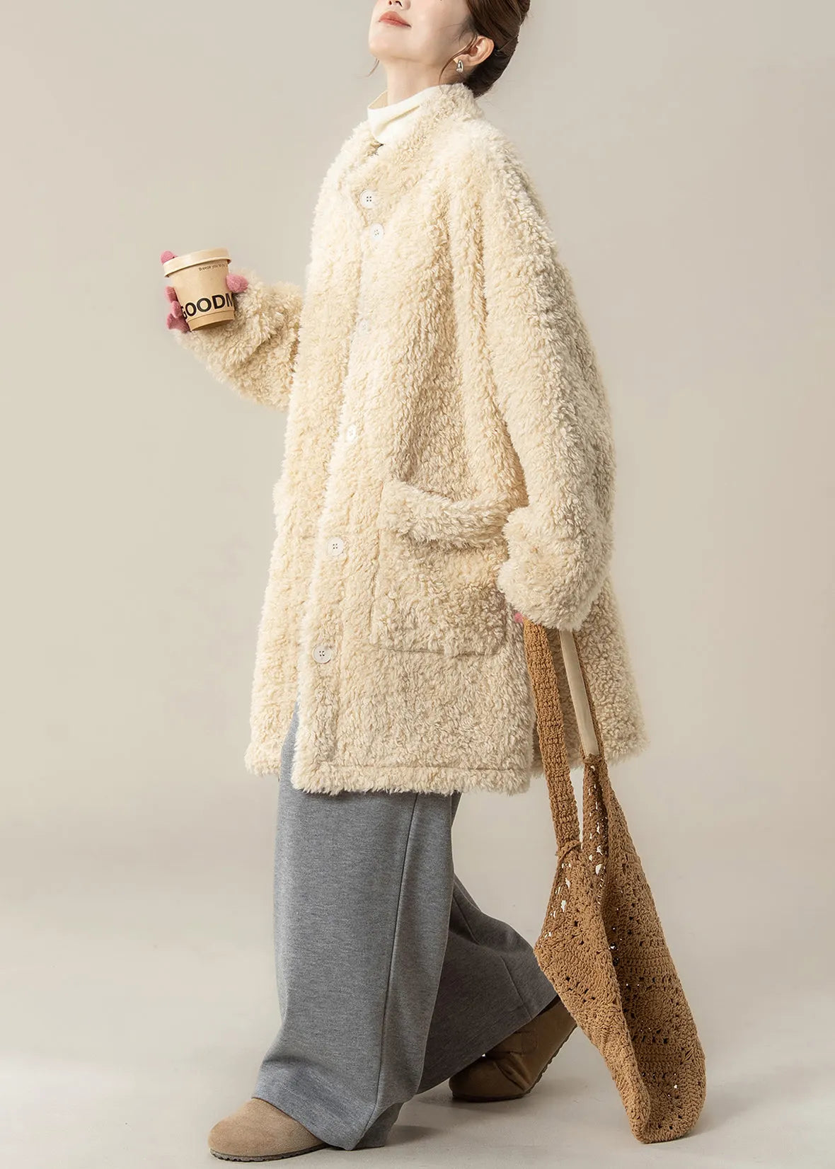 Apricot Stand Collar Pockets Teddy Coat Winter