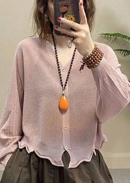 Simple Pink V Neck Button Ice Silk Upf 50+ Coat Summer