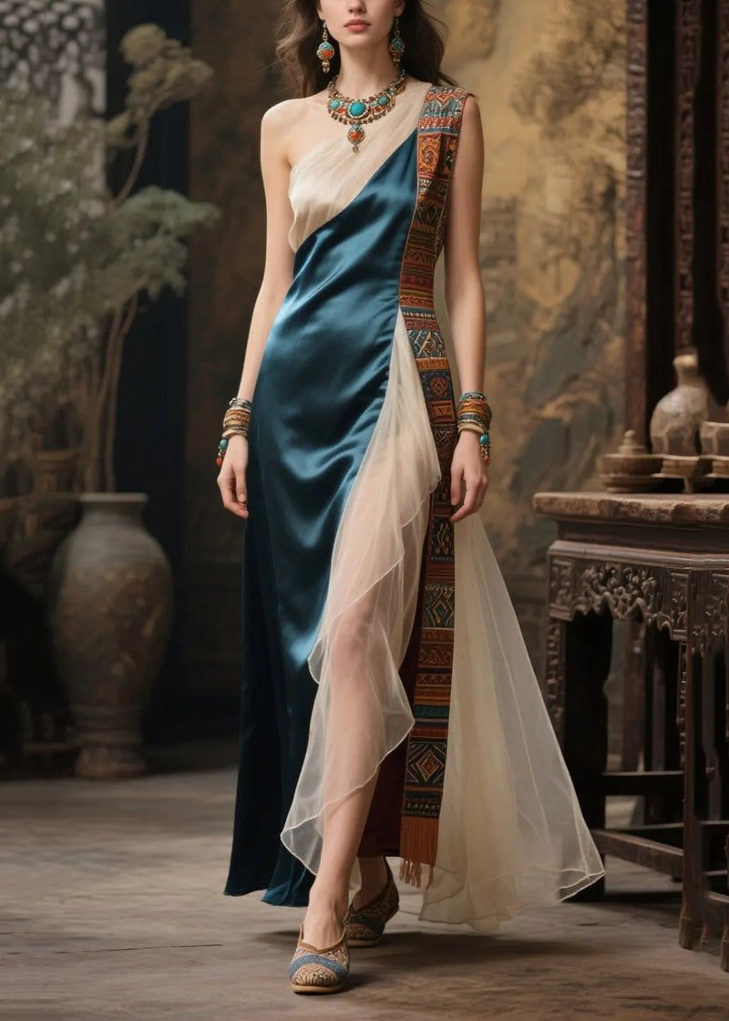 Fitted Peacock Blue One Shoulder Patchwork Tulle Party Dress Summer