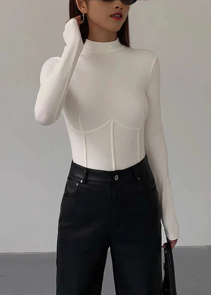 White Half Hign Neck Patchwork Slim Fit Cotton Top Spring