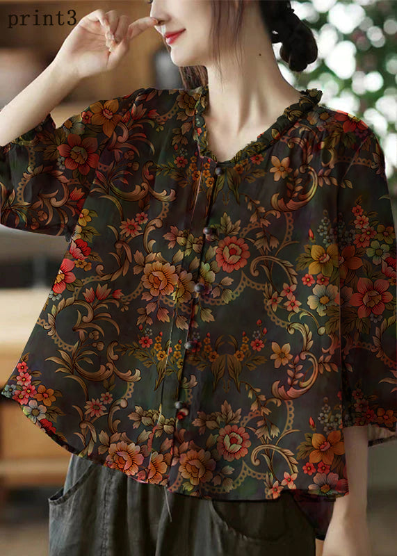 Pink-print5 V Neck Ruffled Print Linen Blouse Top Half Sleeve