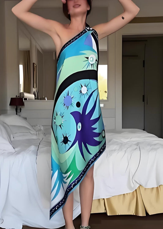 Hanging Neck Backless Print Silk Asymmetrical Dress