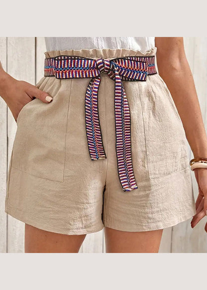 Apricot Lace Up Pockets Cotton Shorts Summer