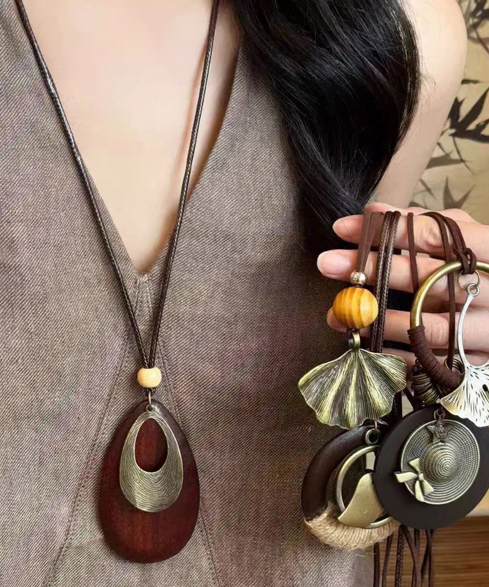 Black Wooden Patchwork Waxed Cord Sweater Pendant Necklace
