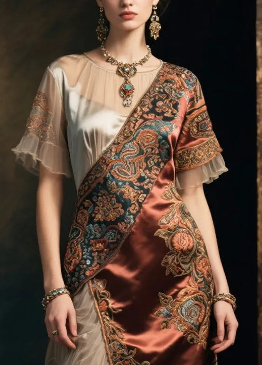 National Style Brown Asymmetrical Patchwork Tulle Silk Dress Summer